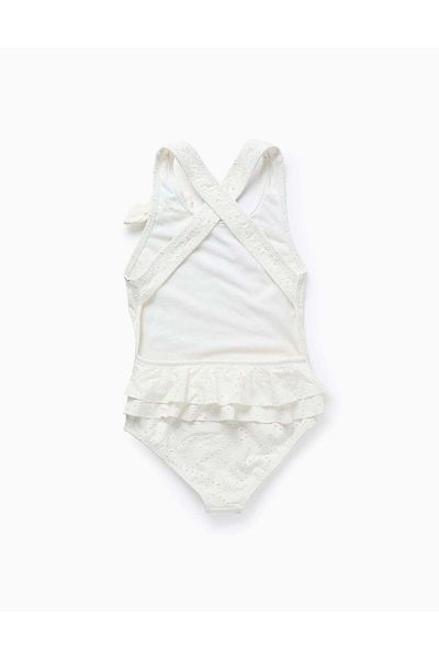 Ziddy Floral Swimsuit with Ruffles and Embroidery for Girls, White
