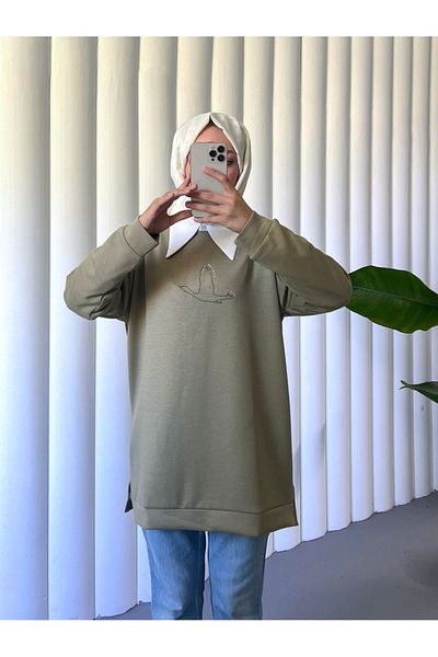 Modamorfo Khaki Osyho Tunic - Bird Pattern and Stone Detail
