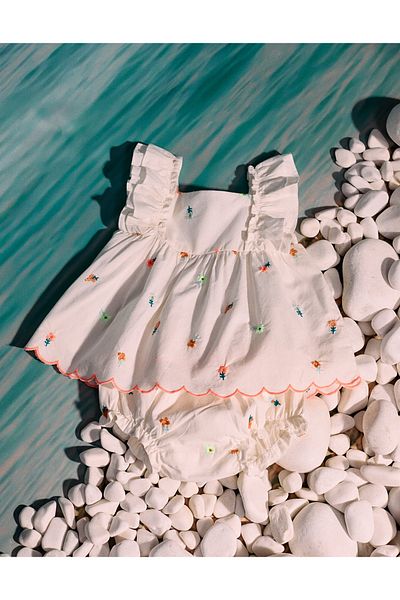 Ziddy Top + Diaper Cover with Embroidered Flowers for Baby Girls 'B&S', White