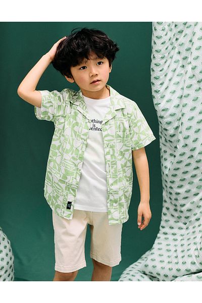Ziddy Short Sleeve Shirt with Pattern for Boys, Green/White
