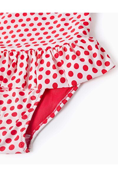 Ziddy Swimsuit with Polka Dots and Ruffles for Girls, White/Red