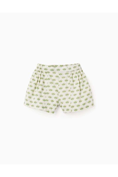 Ziddy Cotton Shorts with Floral Motif for Girls, Beige/Green