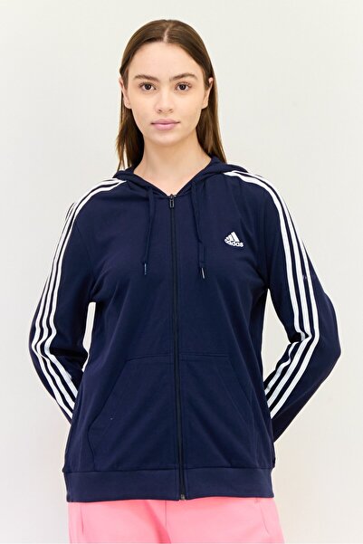 adidas هودي رياضي نسائي بأكمام طويلة مطرز بشعار رياضي، أزرق داكن