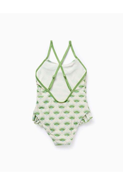 Ziddy Swimsuit with Motif and Ruffles for Girls, Beige/Green