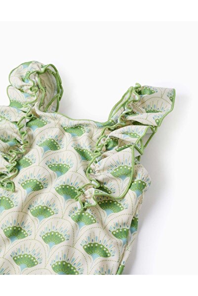 Ziddy Swimsuit with Motif and Ruffles for Baby Girls, Beige/Green