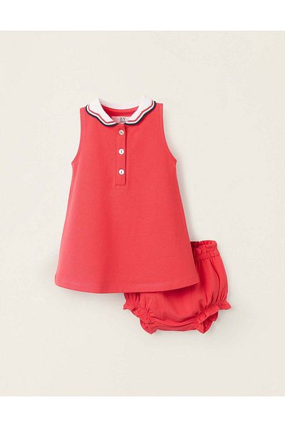Ziddy Dress + Bloomers in Piqué for Newborn Baby Girls, Red
