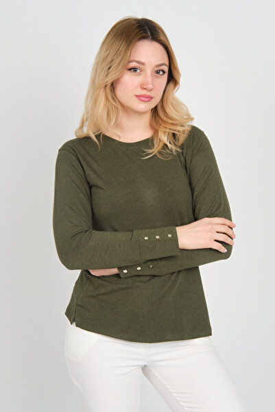 Sistas Women's Bicycle Neck Sleeves and Back Ornamental Button Side Slit Blouse 24508 Khaki