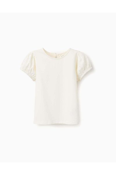 Ziddy T-shirt with Broderie Anglaise Sleeves for Girls, White