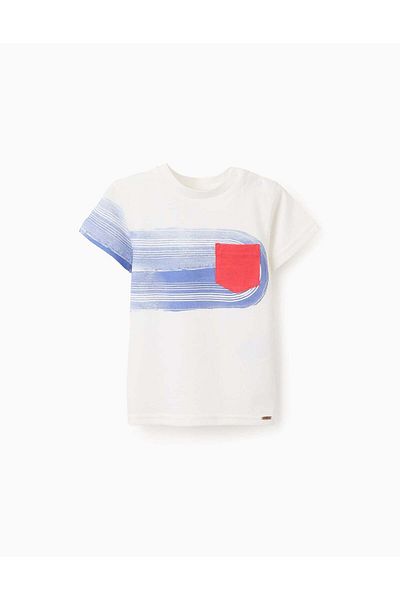 Ziddy Cotton T-shirt with Contrast Pocket for Baby Boys, White