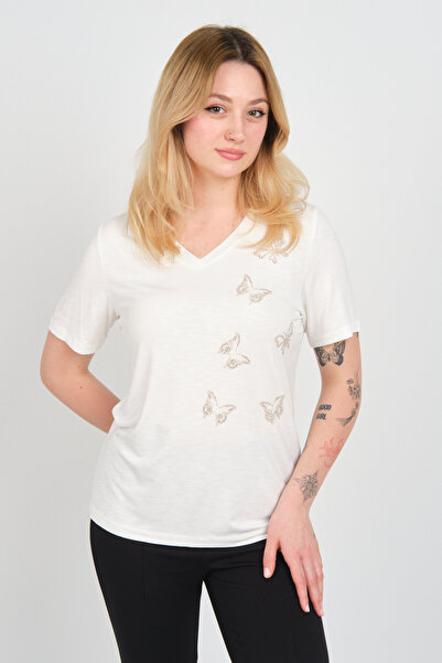 ELLA CAMELIA Women Butterfly Shaped Stone Decorated V Neck Short Sleeve Blouse 24E047 Ecru