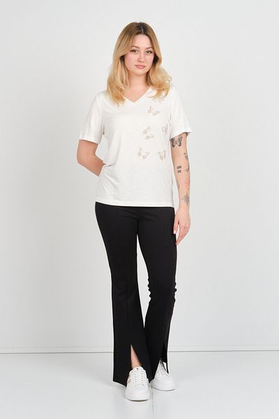 ELLA CAMELIA Women Butterfly Shaped Stone Decorated V Neck Short Sleeve Blouse 24E047 Ecru