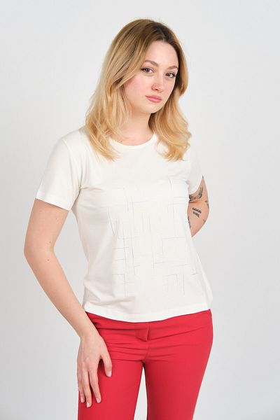Sistas Women's Patterned Short Sleeve Crew Neck Blouse 24242 Ecru