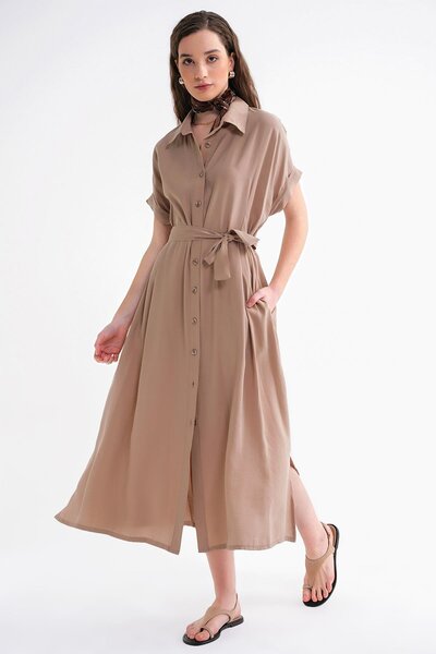 Mixray 4699 Γυναικείο φόρεμα με χαμηλό μανίκι με κουμπιά με ζώνη