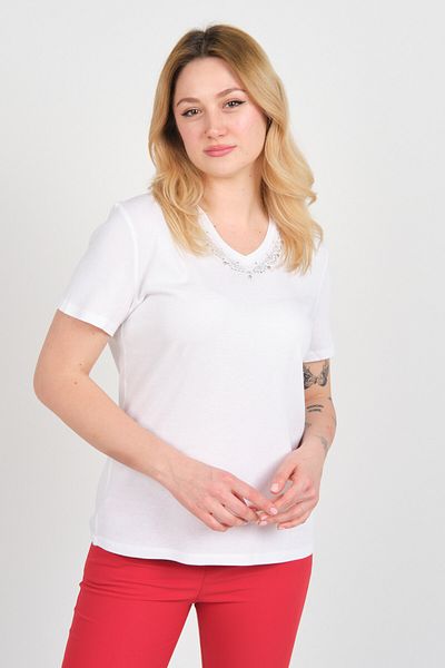 ELLA CAMELIA Women's Stone and Ornament Embroidered Short Sleeve Cotton Blouse 24E002 White
