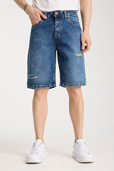 muzzo jeans Ψηλόμεσο 100% βαμβακερό σκισμένο λεπτομερές σκούρο μπλε τζιν σορτς