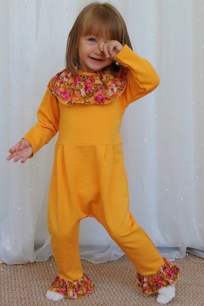 Parla Kids Baby Girl Lotus Mustard Floral Long Sleeve Snap Collar Jumpsuit