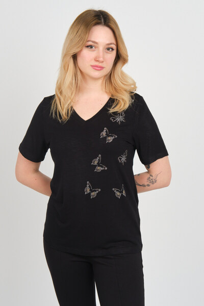 ELLA CAMELIA Women Butterfly Shape Stone Decorated V Neck Short Sleeve Blouse...