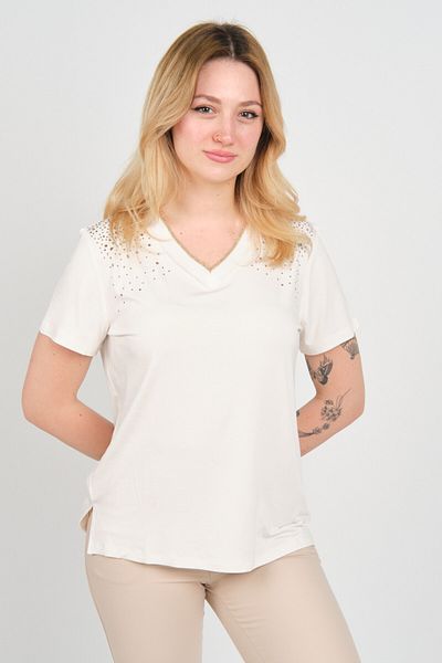 ELLA CAMELIA Women's V-Neck Stone Decorated Short Sleeve Blouse 24E022 Ecru