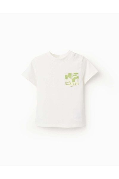 Ziddy Cotton T-shirt with Contrast Pocket for Baby Boys, White/Green