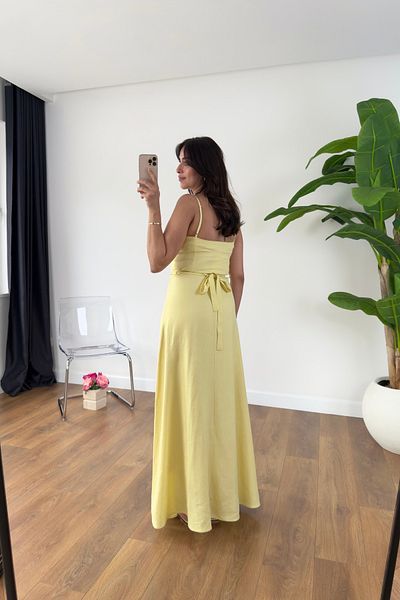 BİRCANÇİL Medusa Yellow Lined Belted Midi Dress