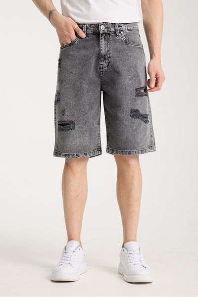 muzzo jeans High Waist 100% Cotton Light Gray Denim Shorts with Ripped Detail