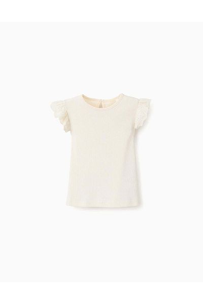 Ziddy Ribbed Top with Broderie Anglaise Ruffle for Baby Girls, White