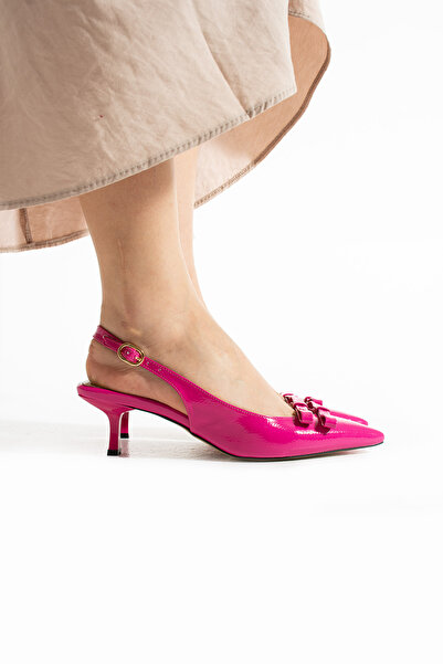 Güllü Shoes Pink Patent Leather Classic Heeled Shoes Women's Stylish Patent Leather Daily Use Ankle Buckle for Office