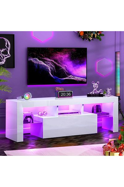 Woodies طاولة تلفاز مع رفوف زجاجية وأدراج مع إضاءة ليد، لون أبيض، مقاس 35 × 45 × 120 سم