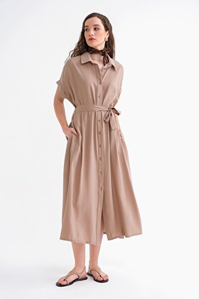 Mixray 4699 Γυναικείο φόρεμα με χαμηλό μανίκι με κουμπιά με ζώνη