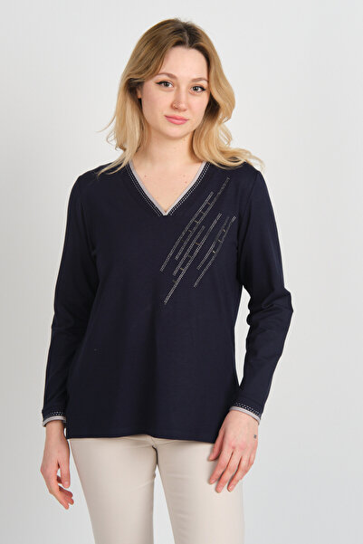Detay Triko بلوزة نسائية بأكمام طويلة ورقبة على شكل حرف V ومطرزة بالأحجار 575...