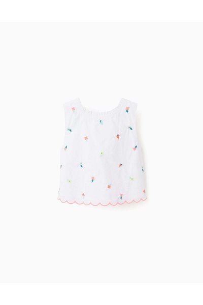 Ziddy Top with Flower Embroideries for Girls 'B&S', White/Coral