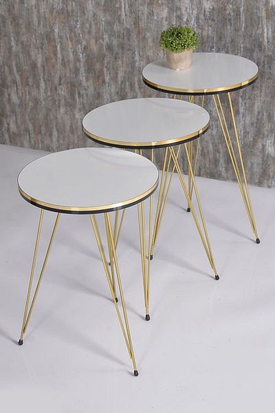 Golden Bark مجموعة Servis Masaları 3 Parçalı، Kahve ve كاي Servisi - Evinize Zarafet Katın - BEYAZ/ALTIN