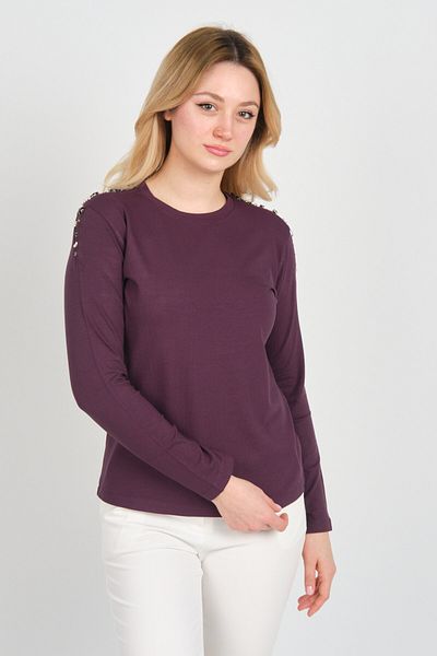 Sistas Bluză de damă cu mâneci lungi, cu gâtul turn, cu umeri decorati cu piatră 24526 Prune