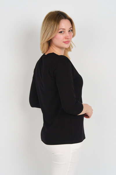 Sistas Women's Crew Neck Three Quarter Sleeve Basic Blouse 24594 Black