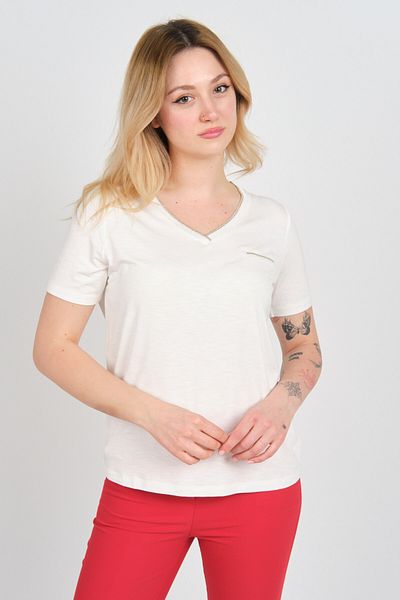 ELLA CAMELIA Women's Silvery Ornamental Pocket V-Neck Short Sleeve Blouse 24E038 Ecru