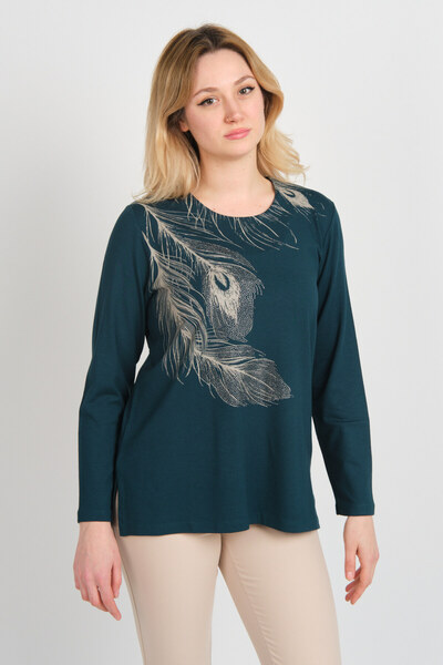 Detay Triko بلوزة نسائية مطرزة بالحجر ومنقوشة بياقة دائرية وأكمام طويلة 5721 ...