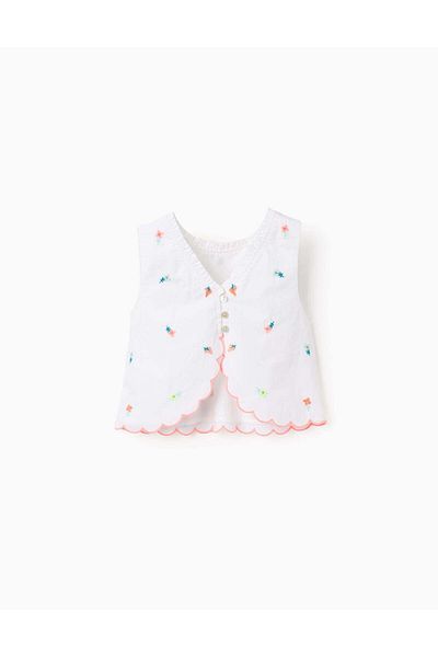 Ziddy Top with Flower Embroideries for Girls 'B&S', White/Coral