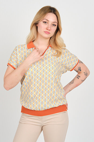 ELLA CAMELIA Women's Patterned Polo Neck Blouse with Elastic Waist and Sleeve...