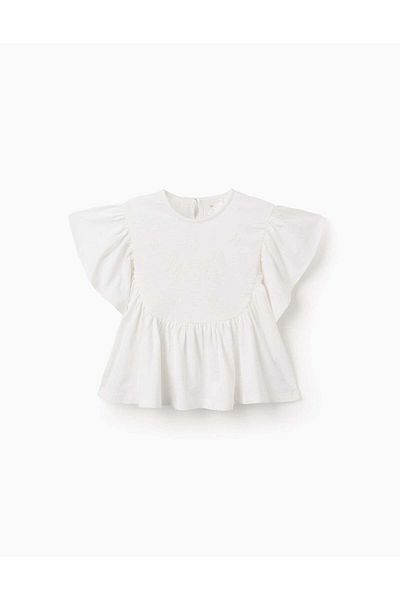 Ziddy T-shirt with Ruffles and Cross-Stitch Print for Girls, White