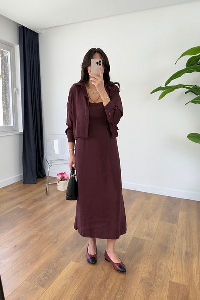 BİRCANÇİL Monisa Burgundy Shirt Rope Strap Dress Set