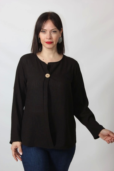Moda Berray SB-073 KOLU APOLETLİ YAKASI DÜĞME AKSESUARLI GİZLİ PİLELİ KETEN KADIN BÜYÜK BEDEN SİYAH BLUZ