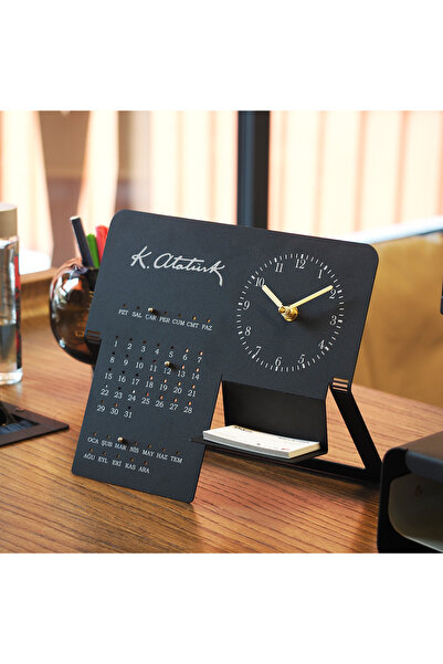 Artepera Kemal Atatürk İmzalı Metal Masa Saati ve Takvimi - Ev & Ofis Masaüst...