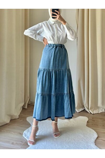 Suede Style 9131 - Зручна та стильна жіноча джинсова спідниця з еластичним поясом та воланами