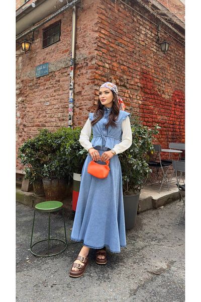 MissPul Denim Belt Detailed Vest Dress Suit Light Blue