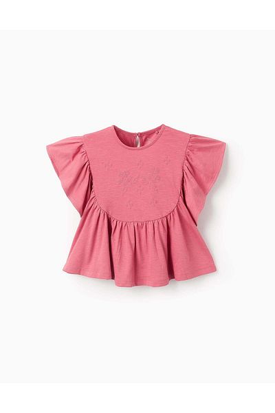 Ziddy T-shirt with Ruffles and Cross-Stitch Print for Girls, Pink