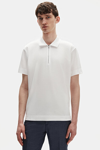 Tween Relaxed Fit Beyaz Yarım Fermuarlı Polo Yaka Yazlık T-Shirt