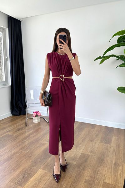 BİRCANÇİL Hilla Burgundy Window Buckle Detailed Dress