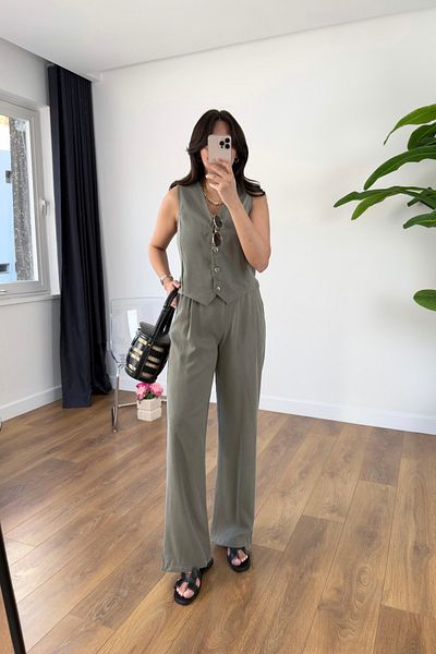BİRCANÇİL Md Jensan Khaki Tensl Vest Pants Suit