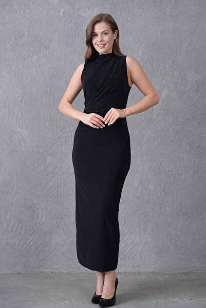 bayansepeti Чорна підкладка Sandy Тканина Прямий комір Драпірований дизайн Бе...