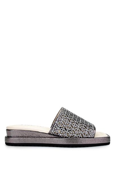 Tamer Tanca Women's Genuine Leather Gray Heeled Slippers